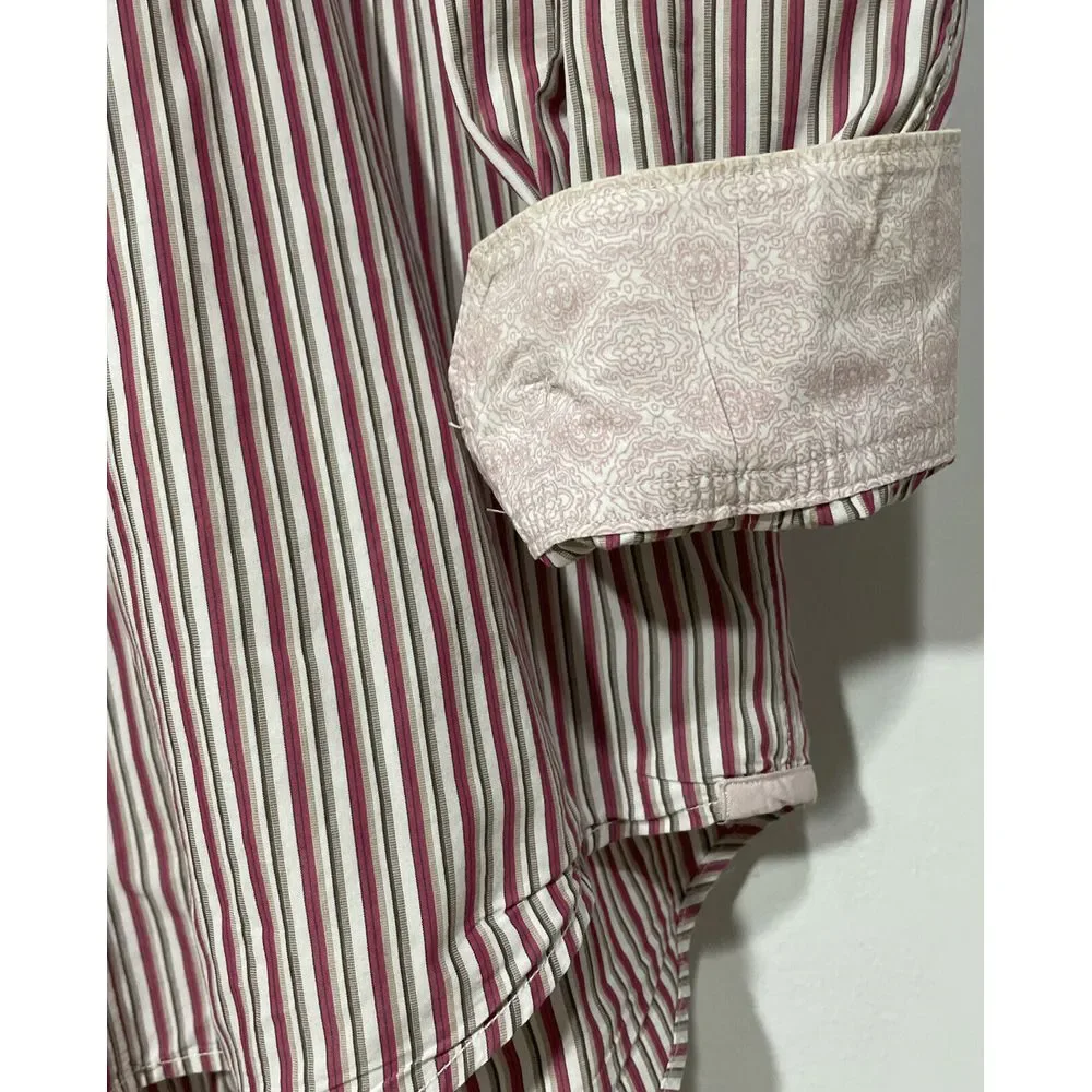 Banana Republic Shirt Mens Large Button Up Flip Cuffs Slim Fit Red White Stripes